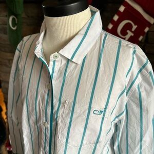 VINEYARD VINES 🐳 Girls White with Teal Stripe Cotton Shirt - Size 12